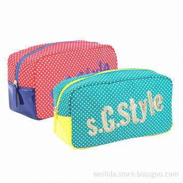 Dot Printed Polyester Cosmetic Bags with Glitter Embroidered Logo